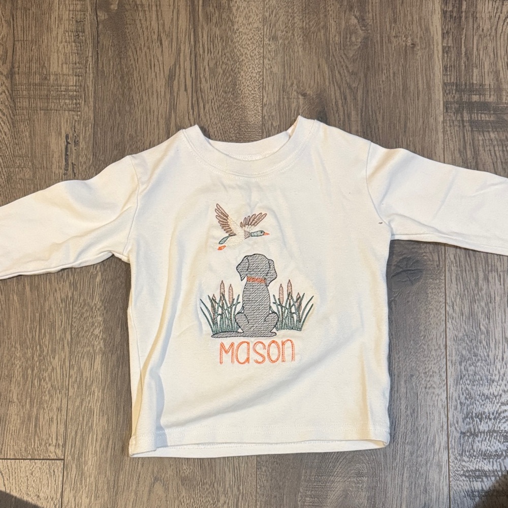 Mason White Long Sleeve Kids Tee with Embroidered Design